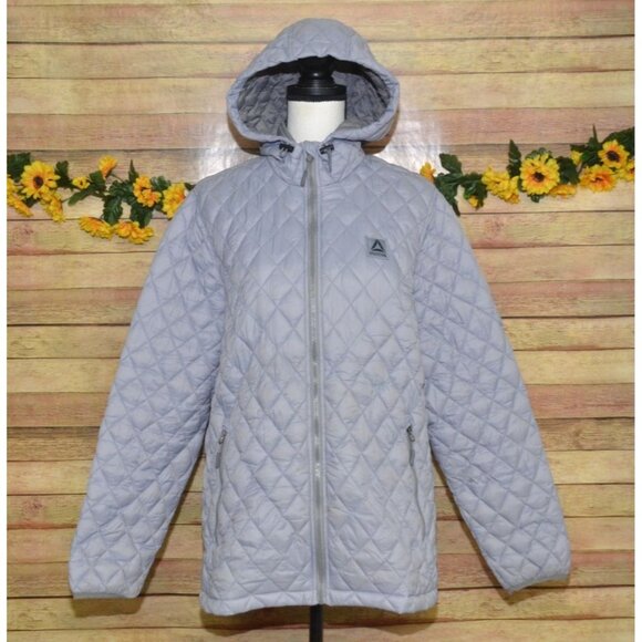 Reebok Gray Neutral Quilted Puffer Jacket Winter Coat Hooded Size XL Pockets - Picture 1 of 16